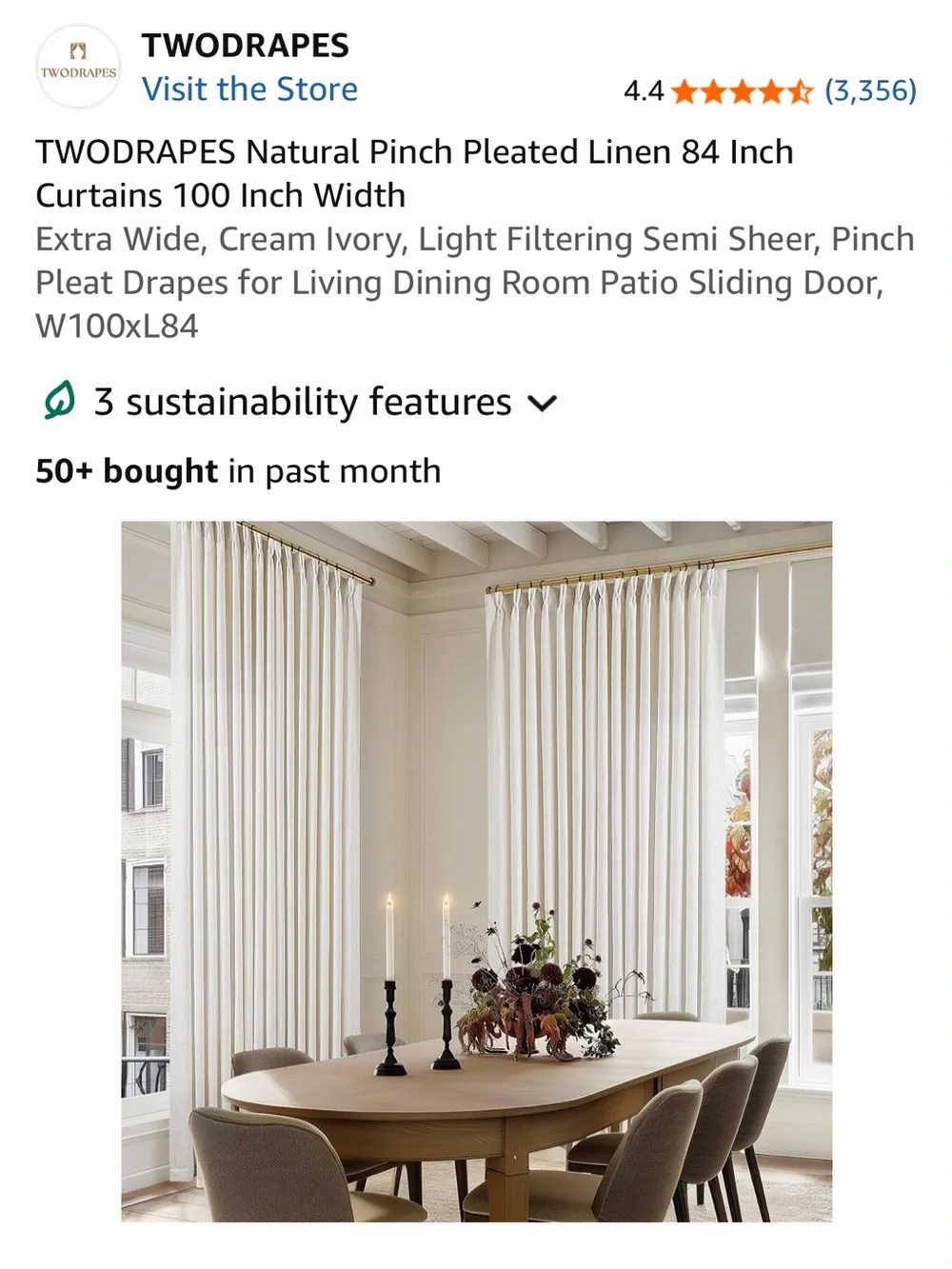 TWODRAPES Extra Wide Pinch Pleated Linen Curtains 84”x100” in Cream Ivory